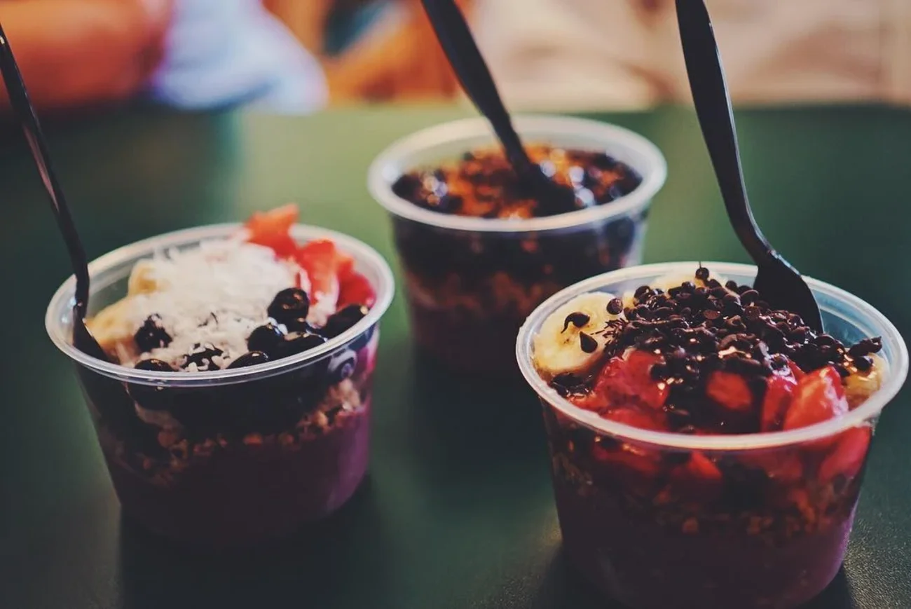 Three açaí bowls with granola, berries and banana at Rockie's